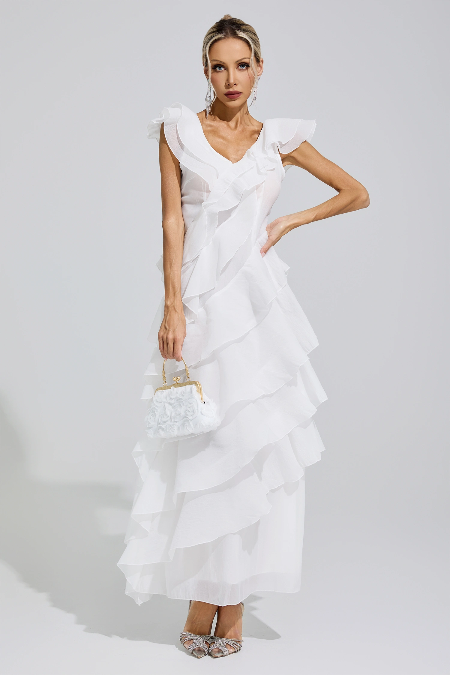 Shannon White Ruffle Trim Midi Dress