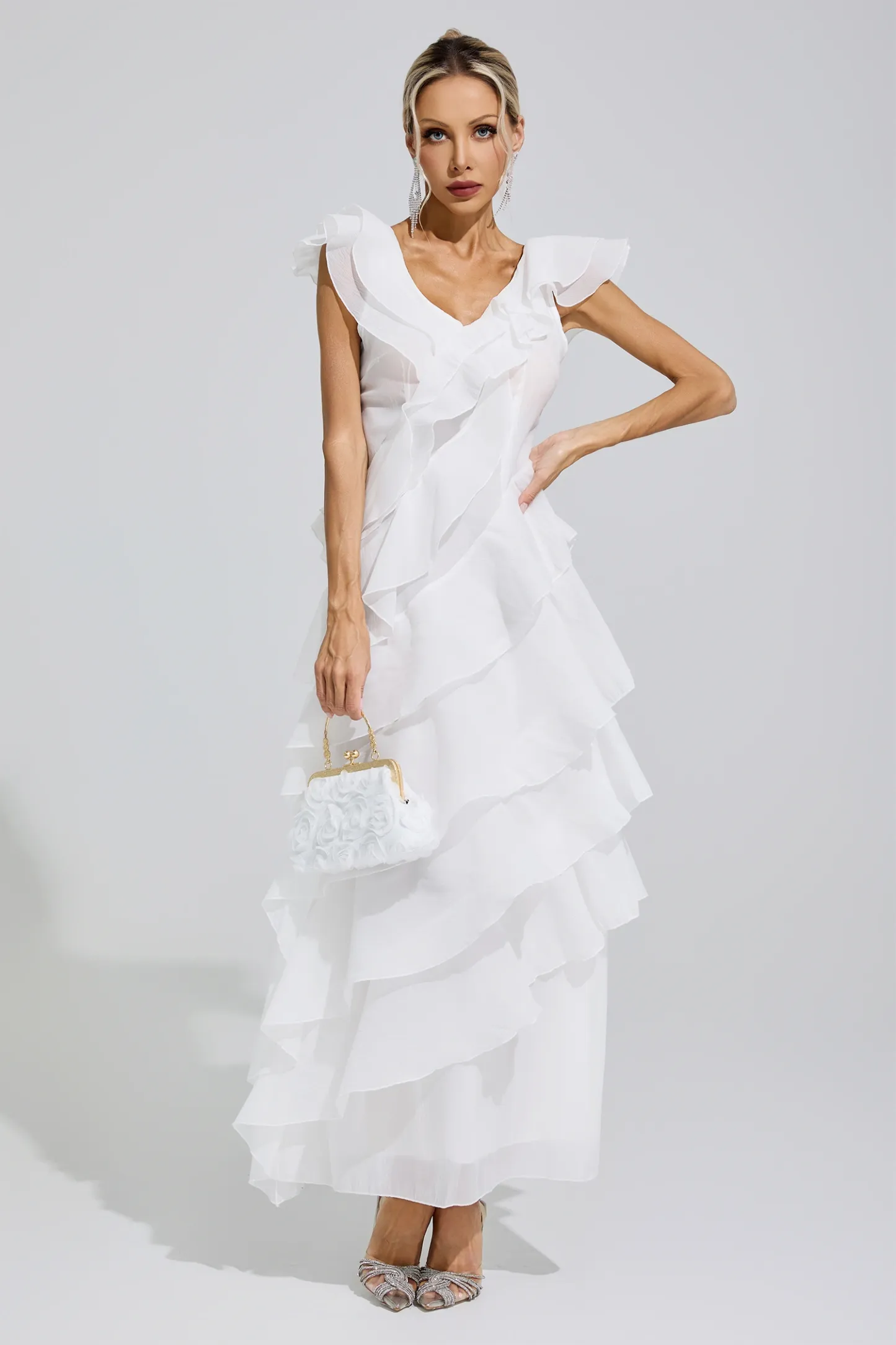 Shannon White Ruffle Trim Midi Dress