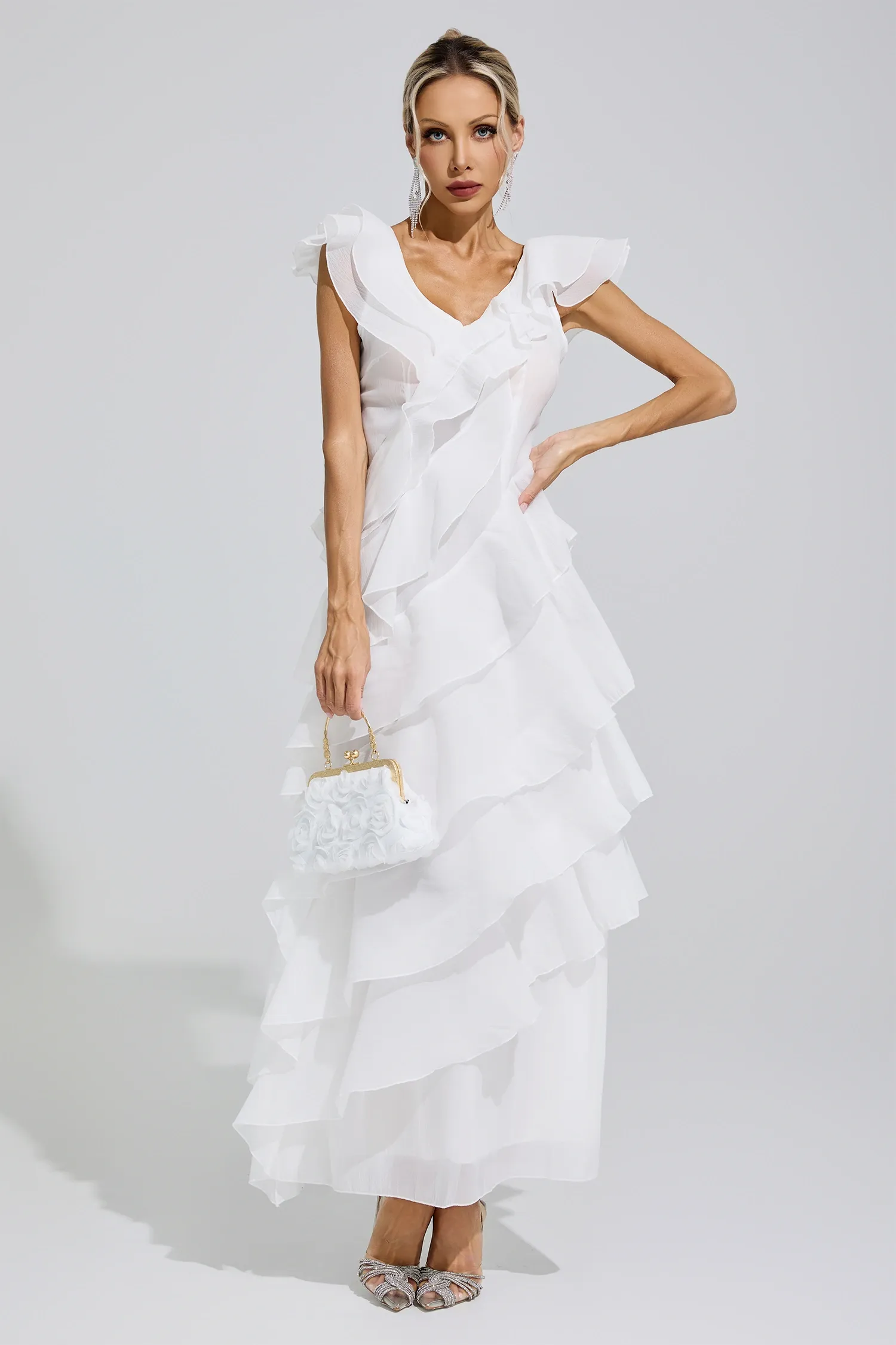 Shannon White Ruffle Trim Midi Dress