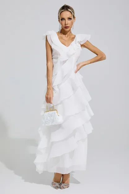 Shannon White Ruffle Trim Midi Dress