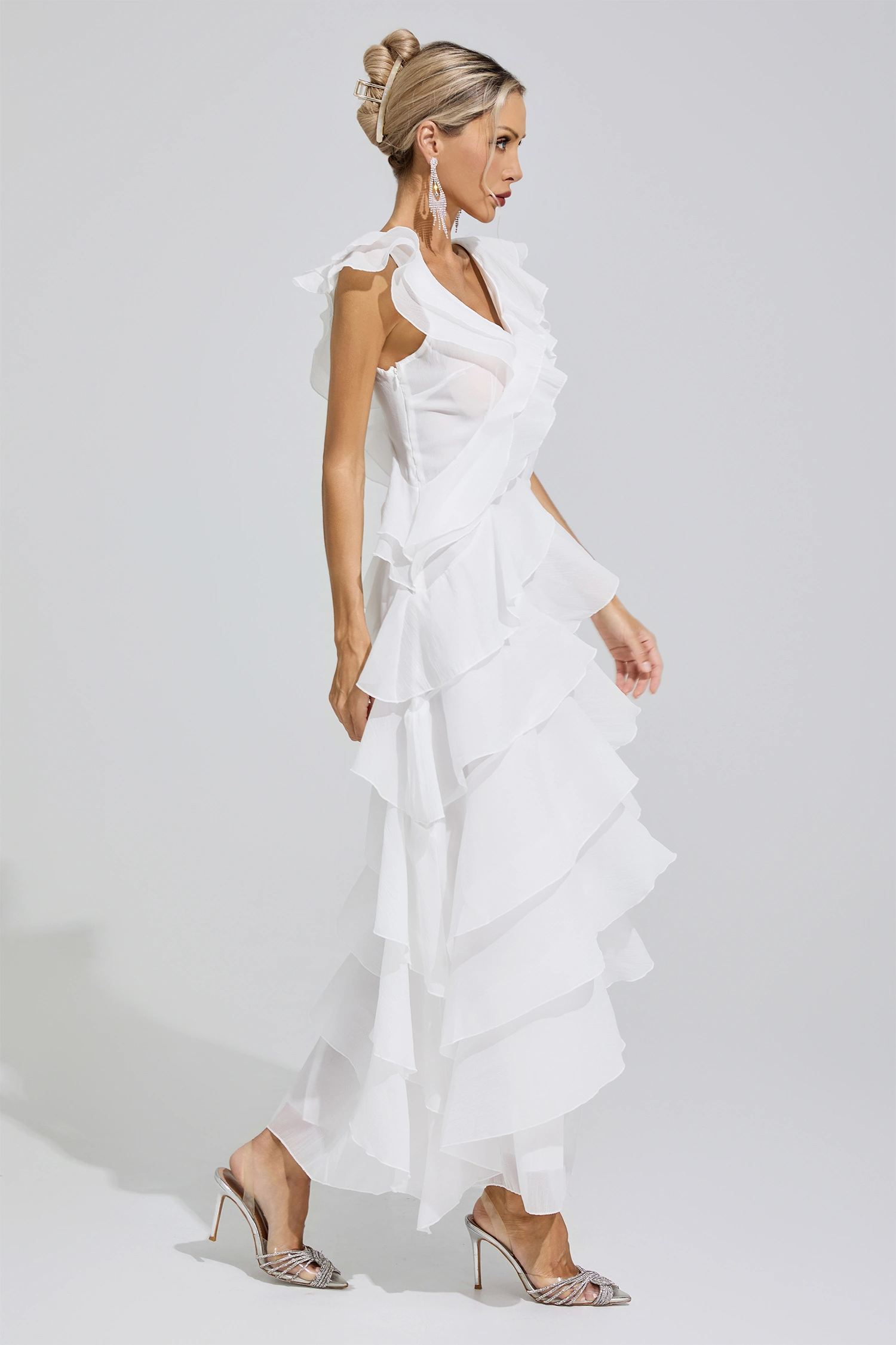 Shannon White Ruffle Trim Midi Dress