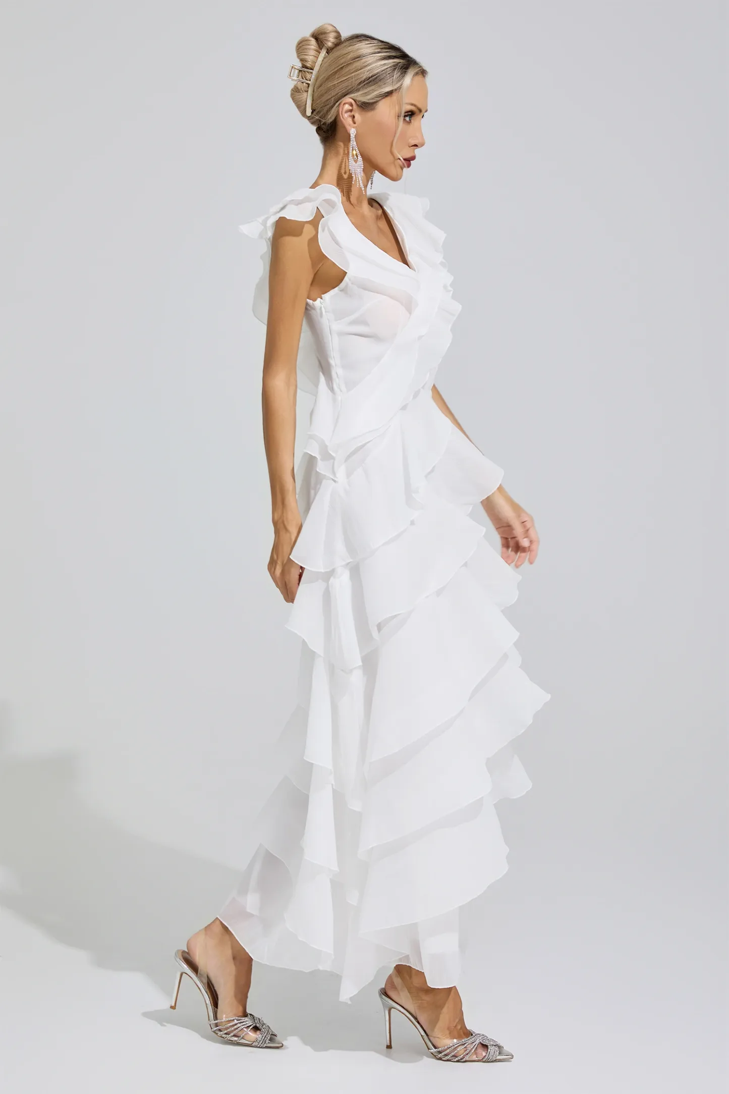 Shannon White Ruffle Trim Midi Dress