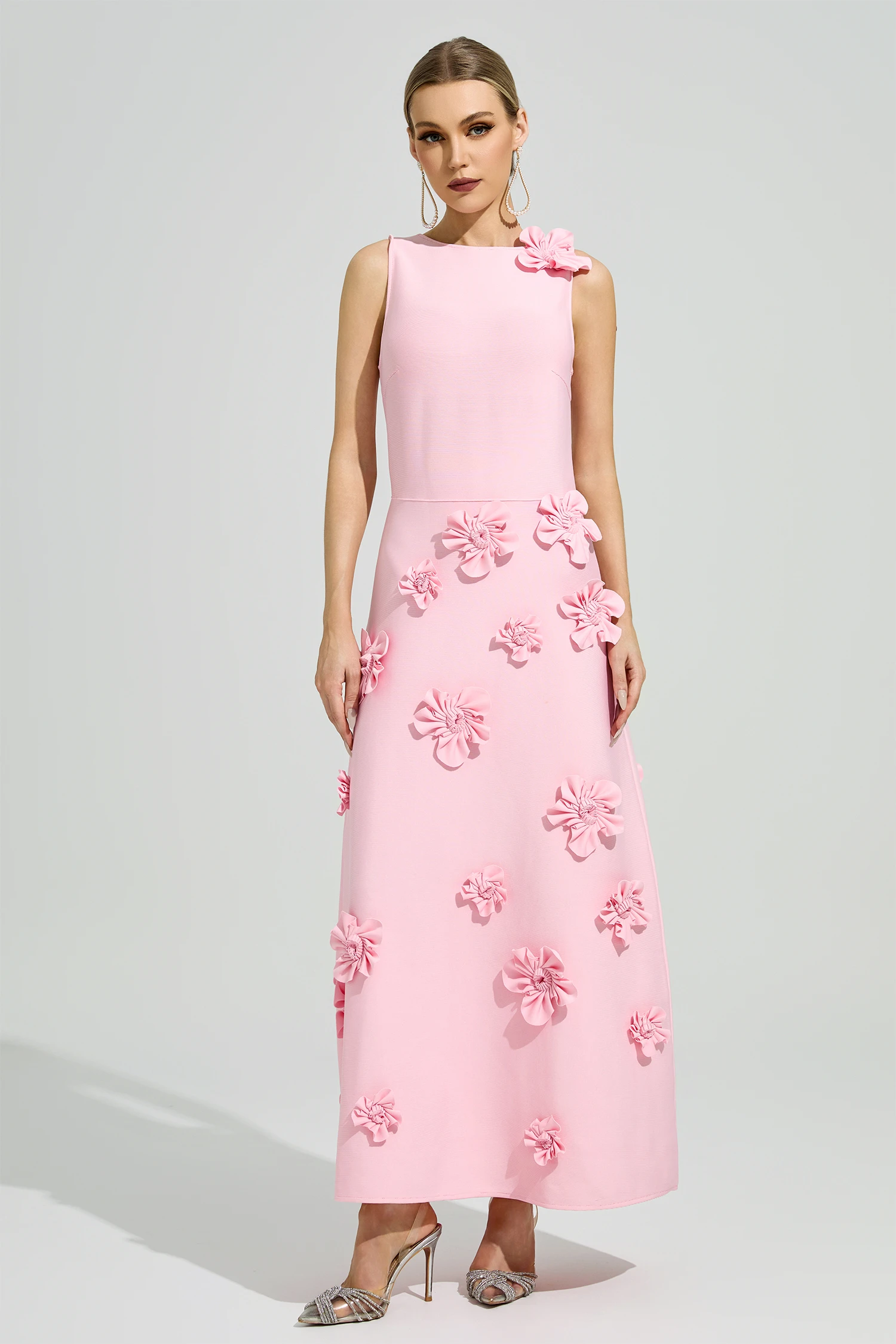 Calvino Pink 3D Floral A-Line Dress