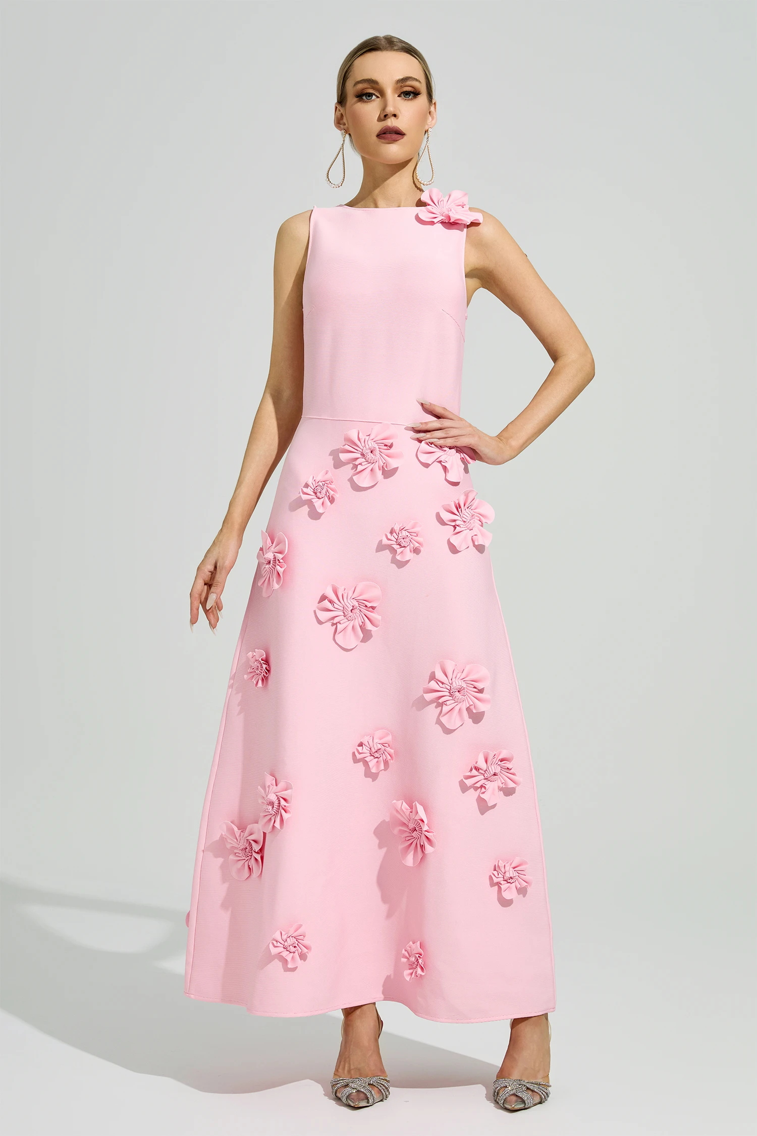 Calvino Pink 3D Floral A-Line Dress