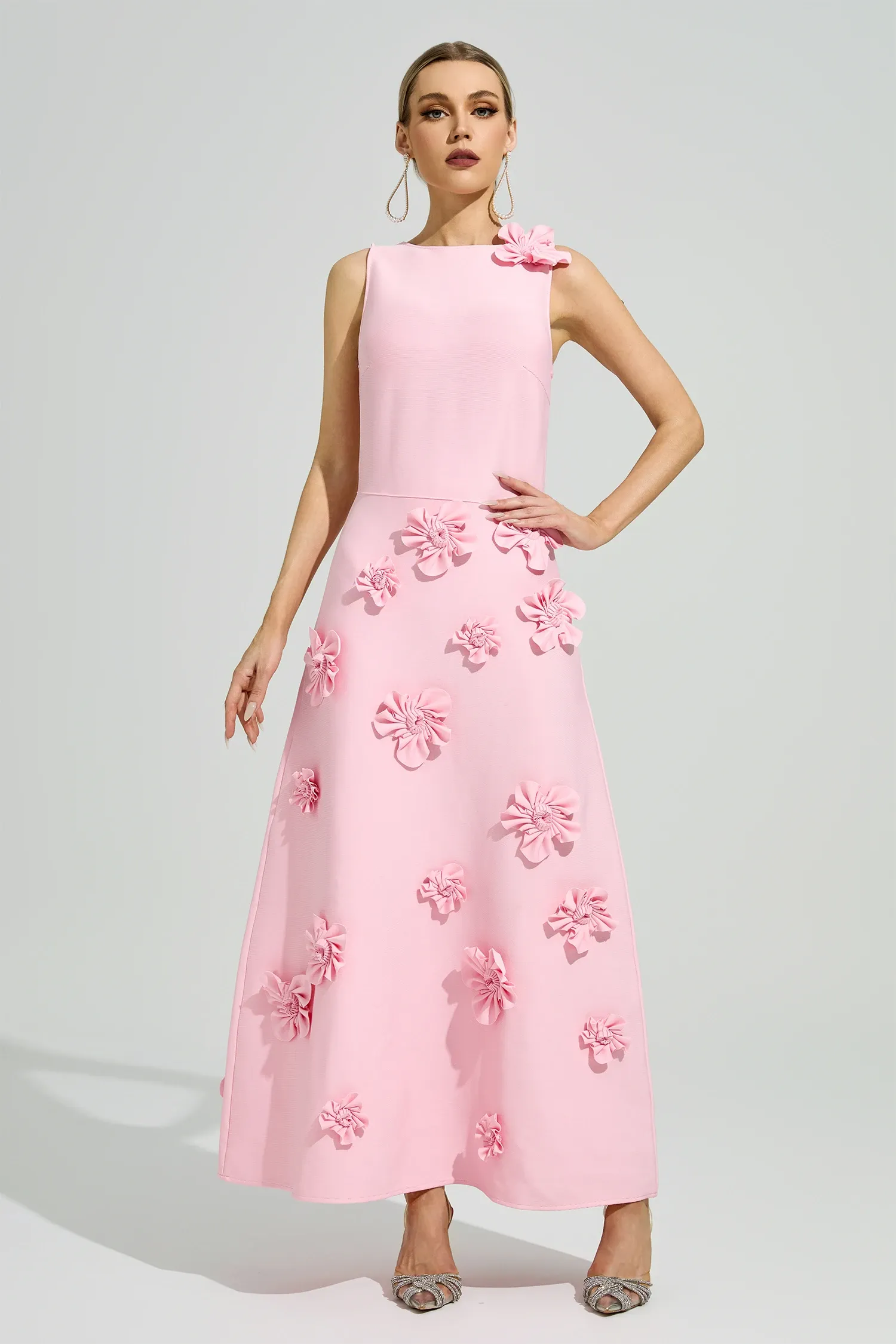 Calvino Pink 3D Floral A-Line Dress