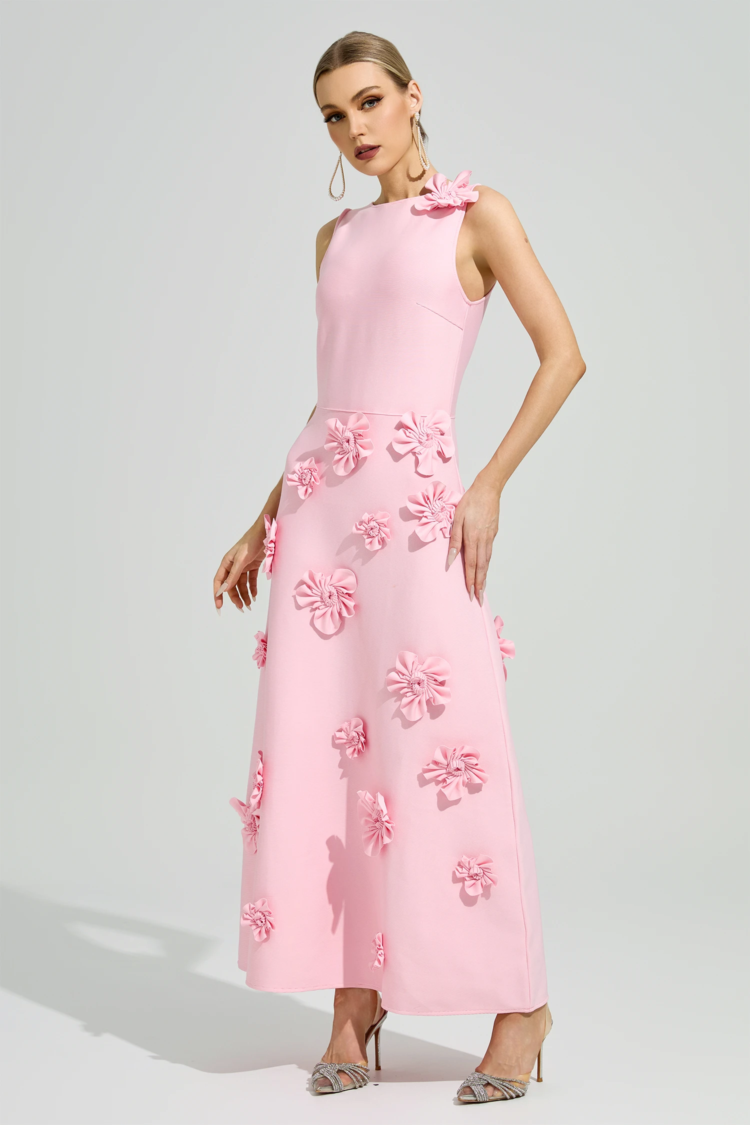 Calvino Pink 3D Floral A-Line Dress