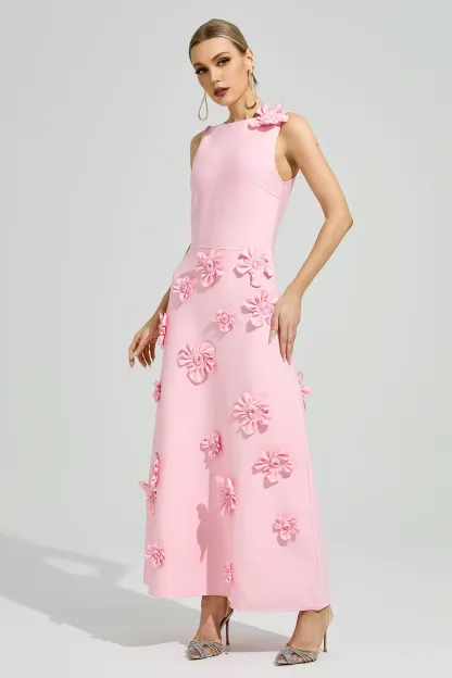 Calvino Pink 3D Floral A-Line Dress
