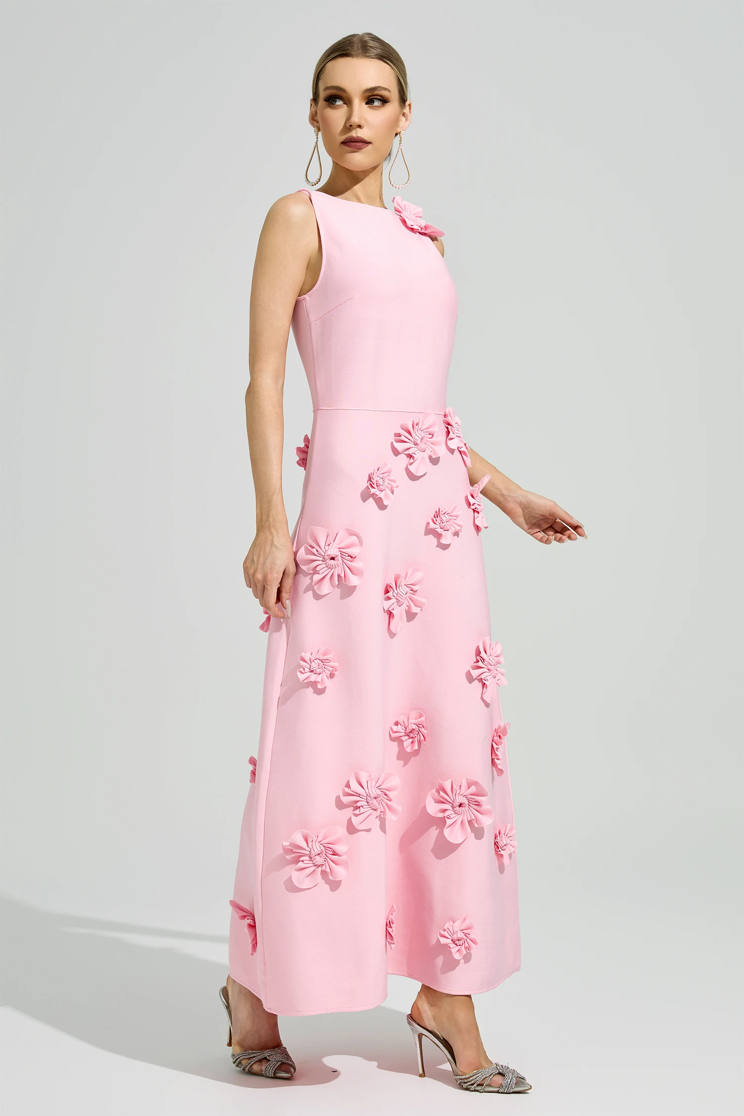 Calvino Pink 3D Floral A-Line Dress