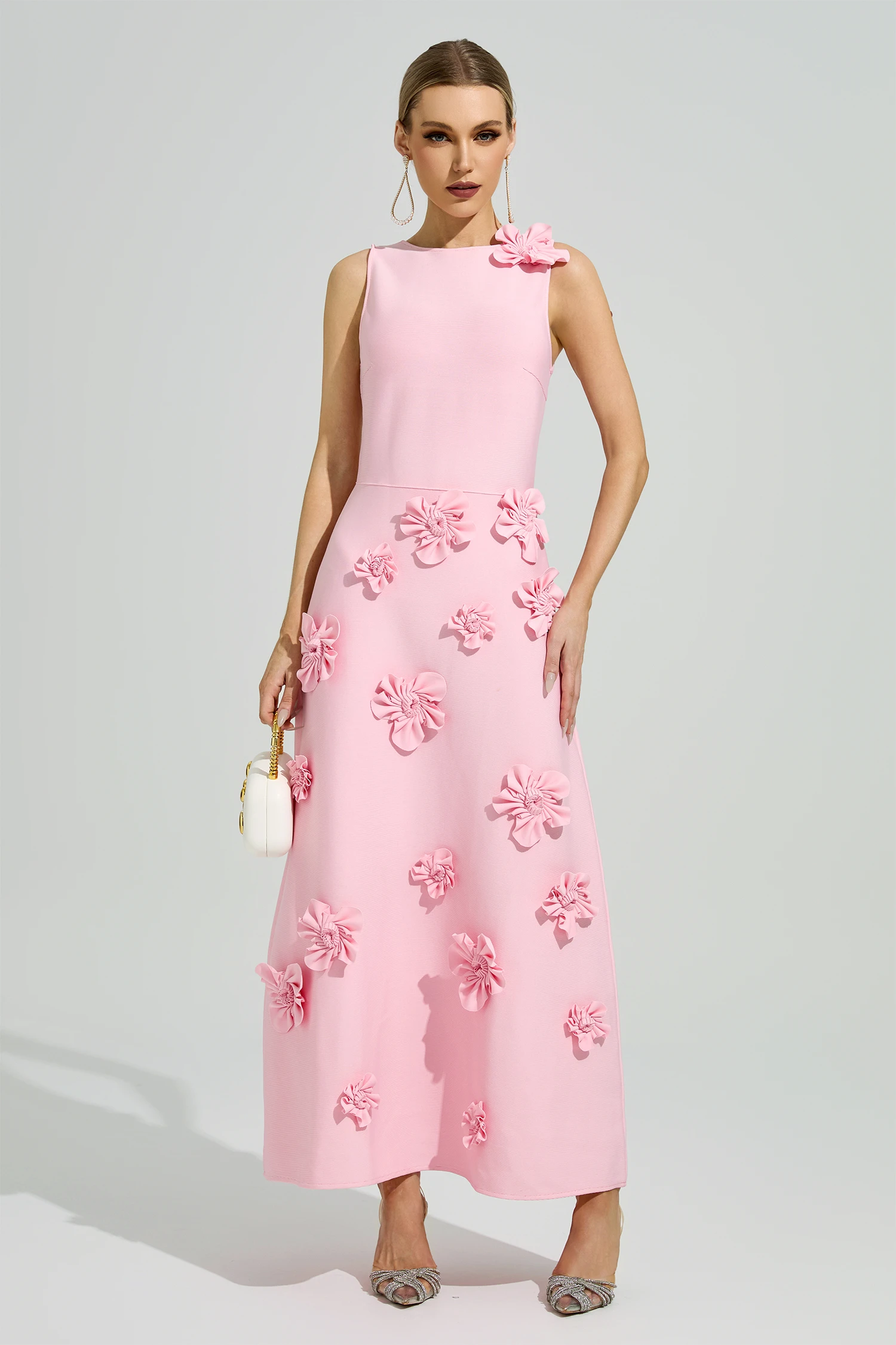 Calvino Pink 3D Floral A-Line Dress