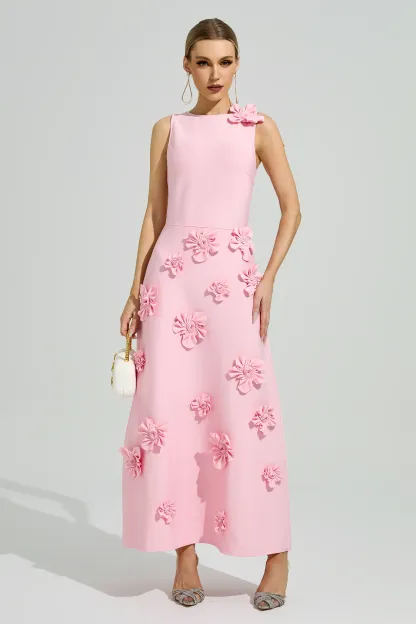 Calvino Pink 3D Floral A-Line Dress
