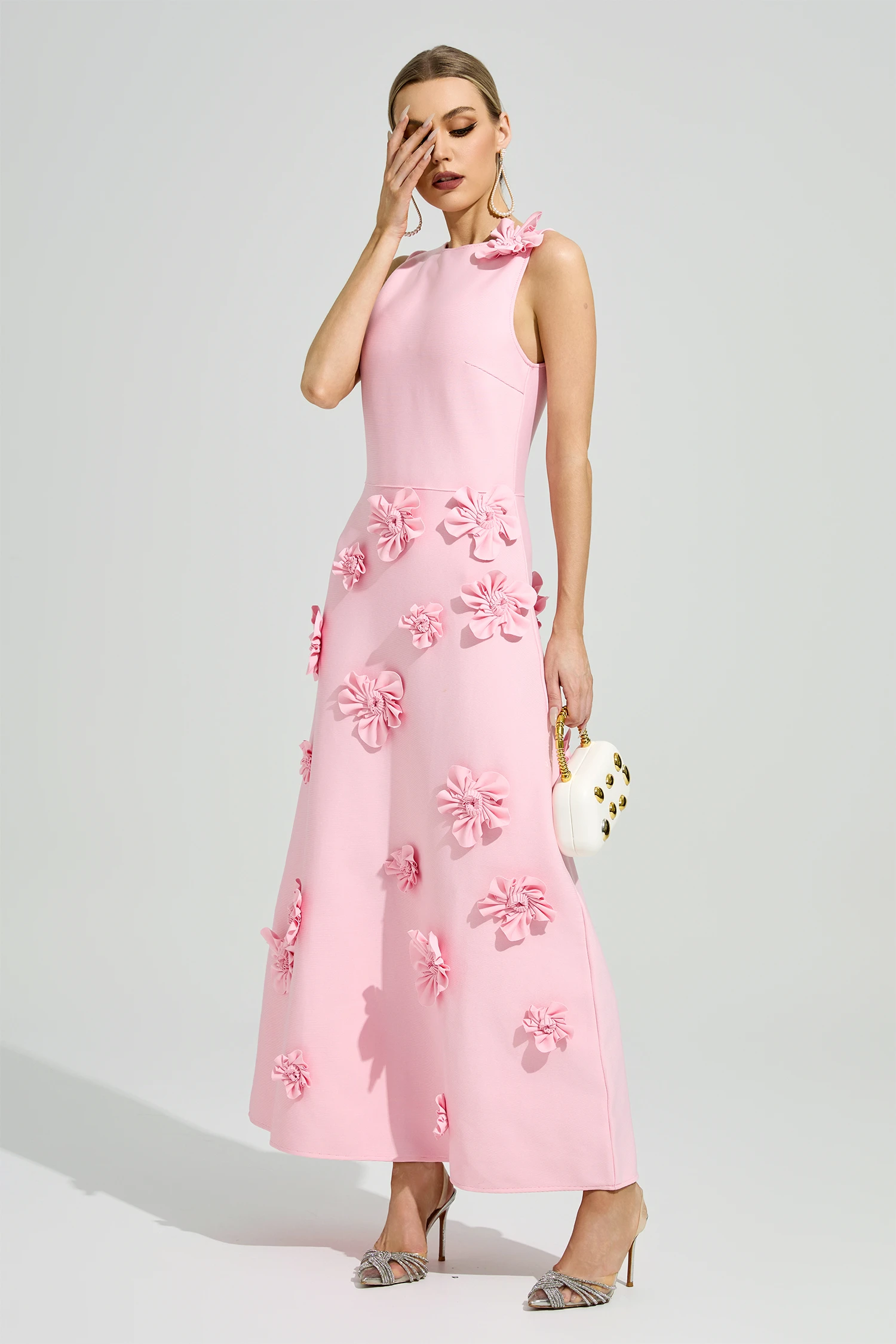 Calvino Pink 3D Floral A-Line Dress
