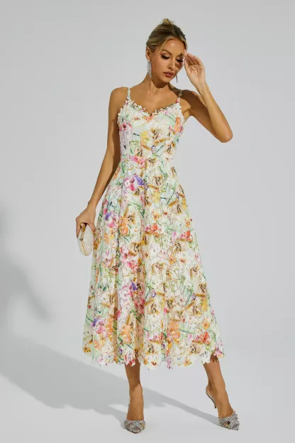 Dulles Floral Embroider Midi Dress