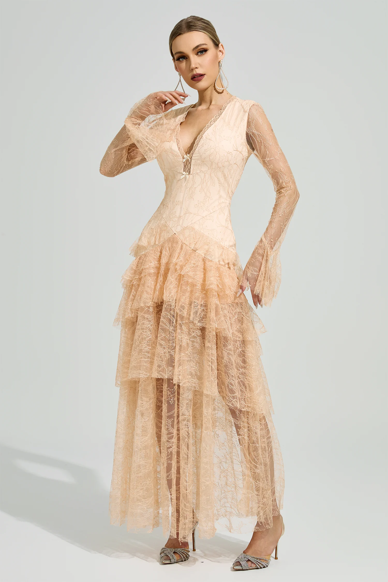 Abakanowicz Champagne V-Neck Formal Dress