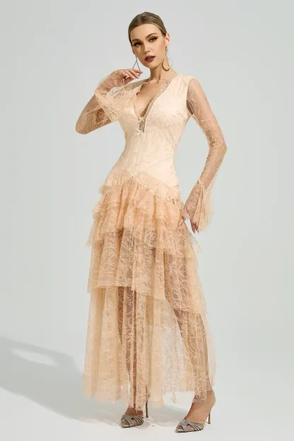 Abakanowicz Champagne V-Neck Formal Dress