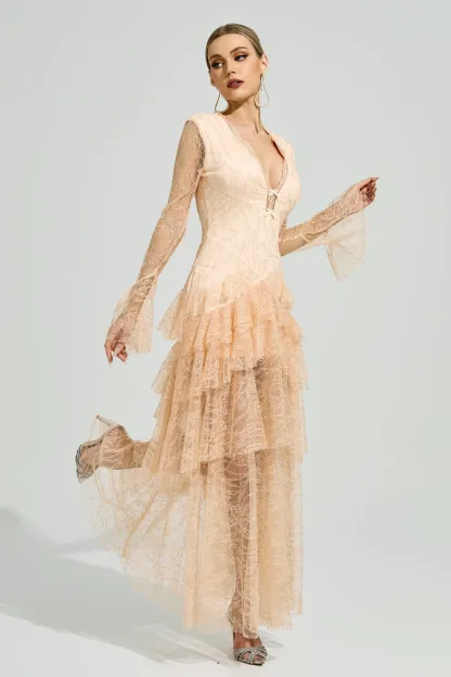 Abakanowicz Champagne V-Neck Formal Dress