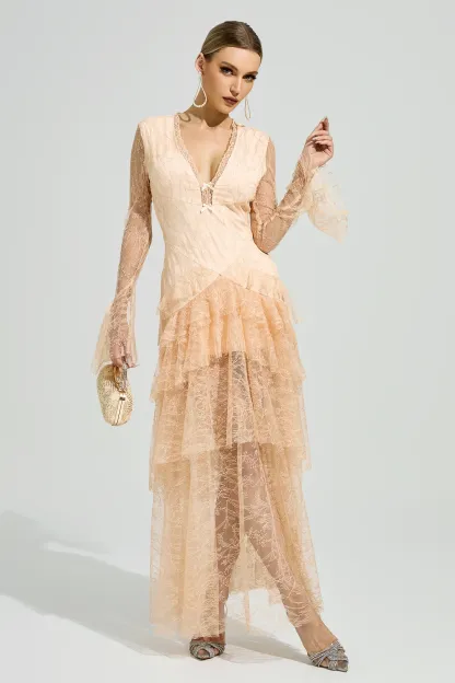 Abakanowicz Champagne V-Neck Formal Dress