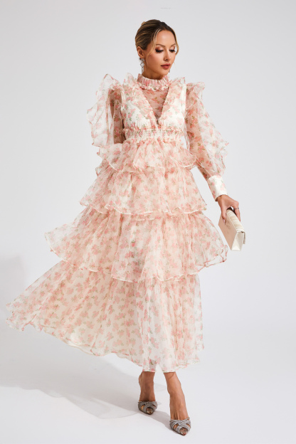 Romeo Apricot Floral Mesh Dress