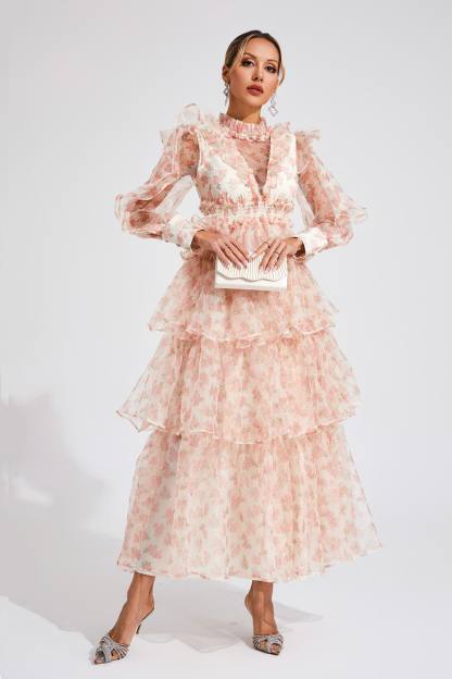 Romeo Apricot Floral Mesh Dress