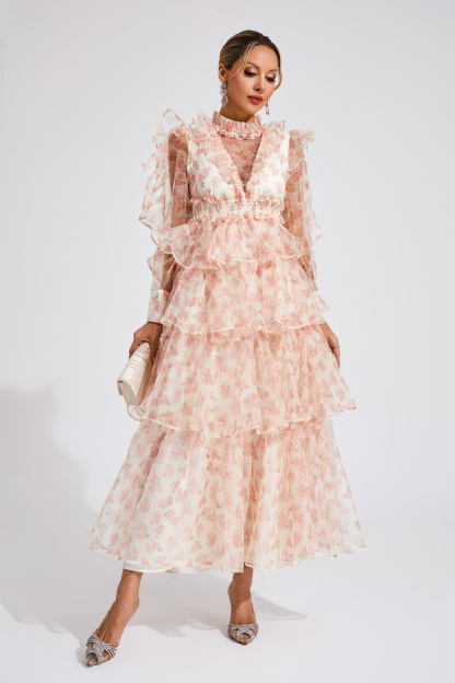 Romeo Apricot Floral Mesh Dress