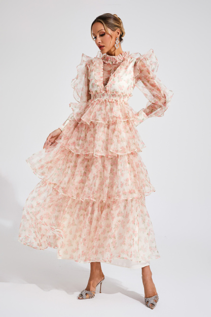 Romeo Apricot Floral Mesh Dress