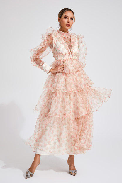 Romeo Apricot Floral Mesh Dress