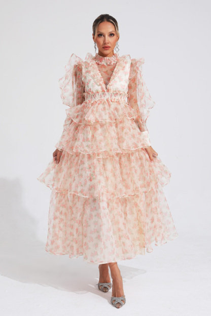 Romeo Apricot Floral Mesh Dress