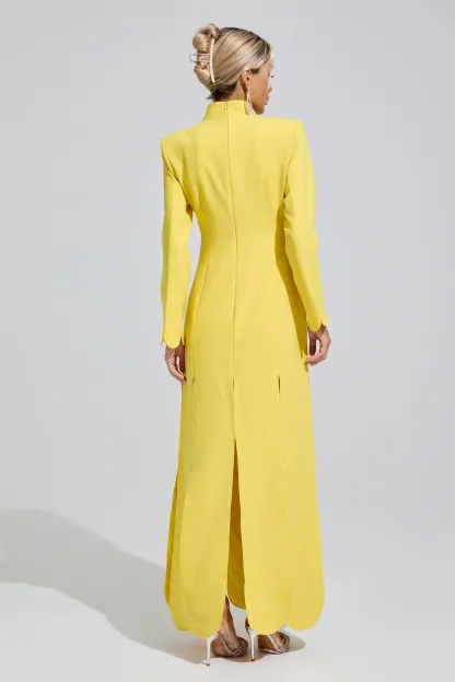Charlotte Yellow V-Neck High Slit Evening Dress