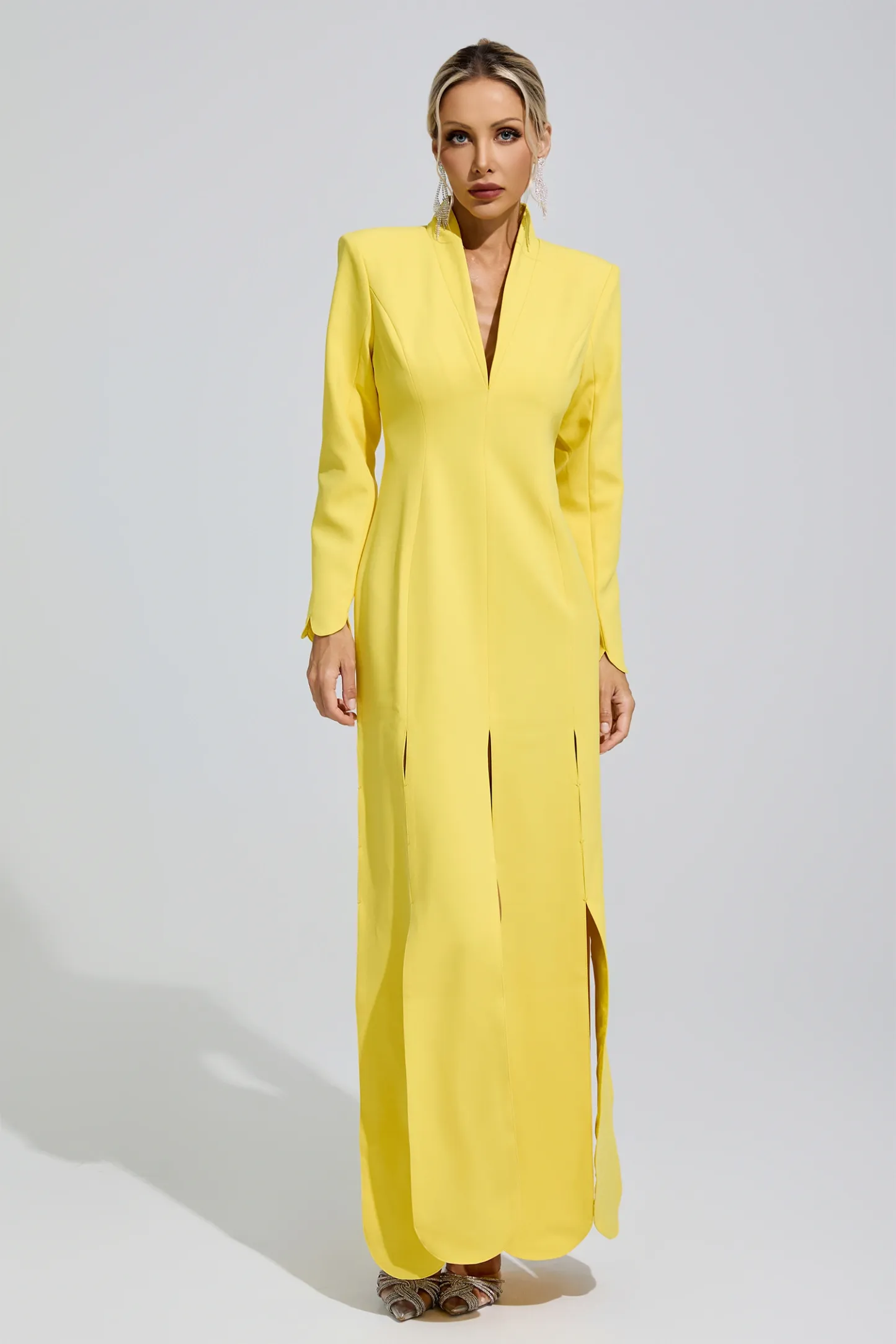 Charlotte Yellow V-Neck High Slit Evening Dress