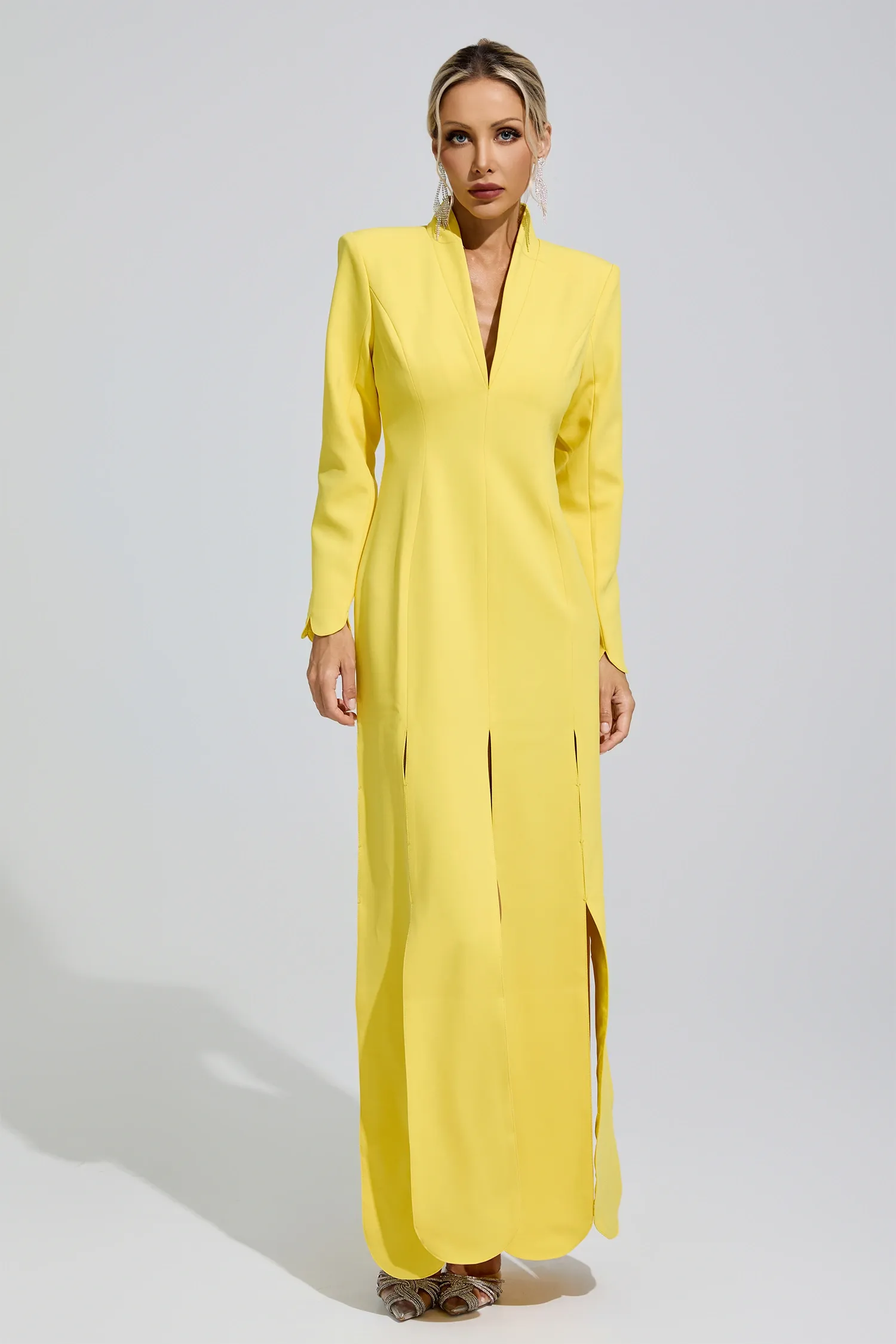 Charlotte Yellow V-Neck High Slit Evening Dress