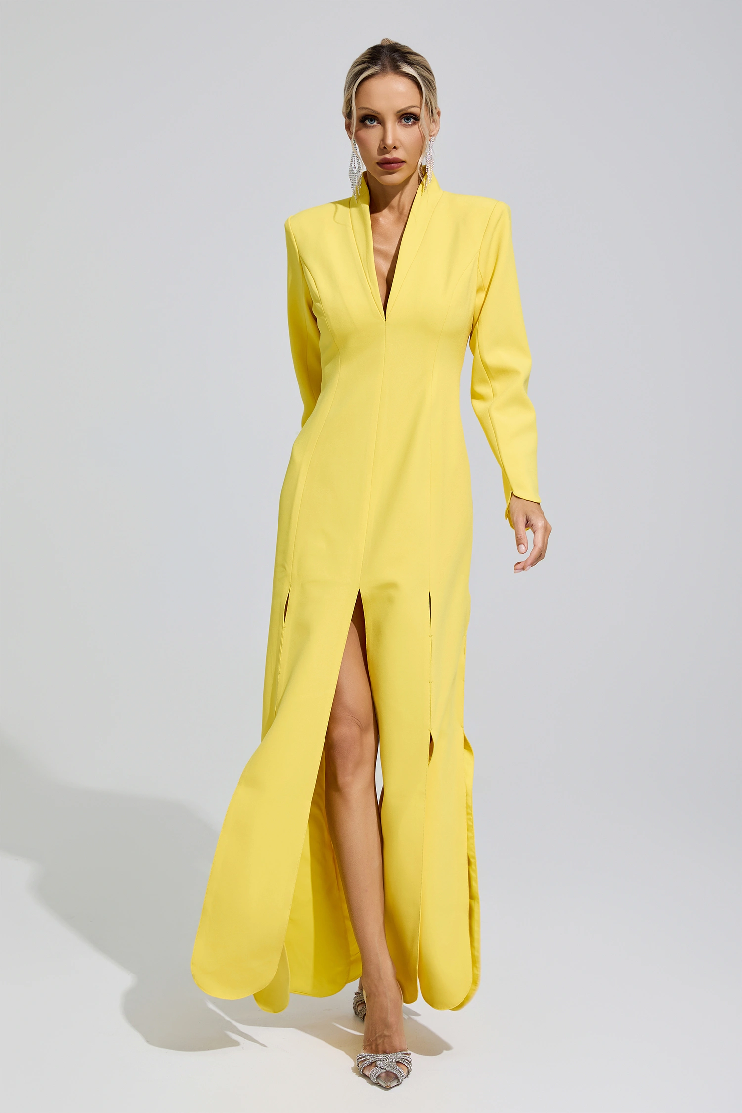 Charlotte Yellow V-Neck High Slit Evening Dress