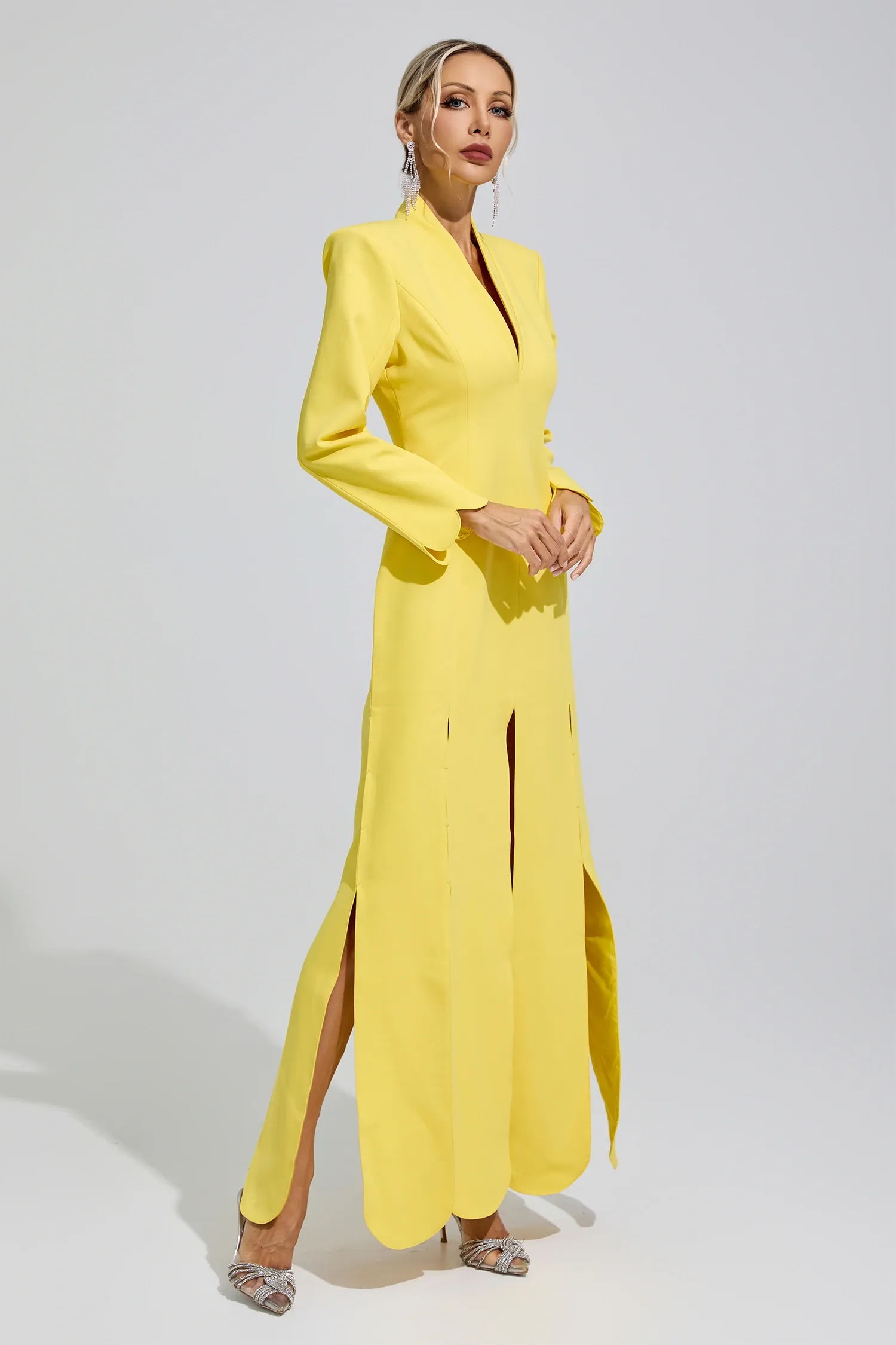 Charlotte Yellow V-Neck High Slit Evening Dress