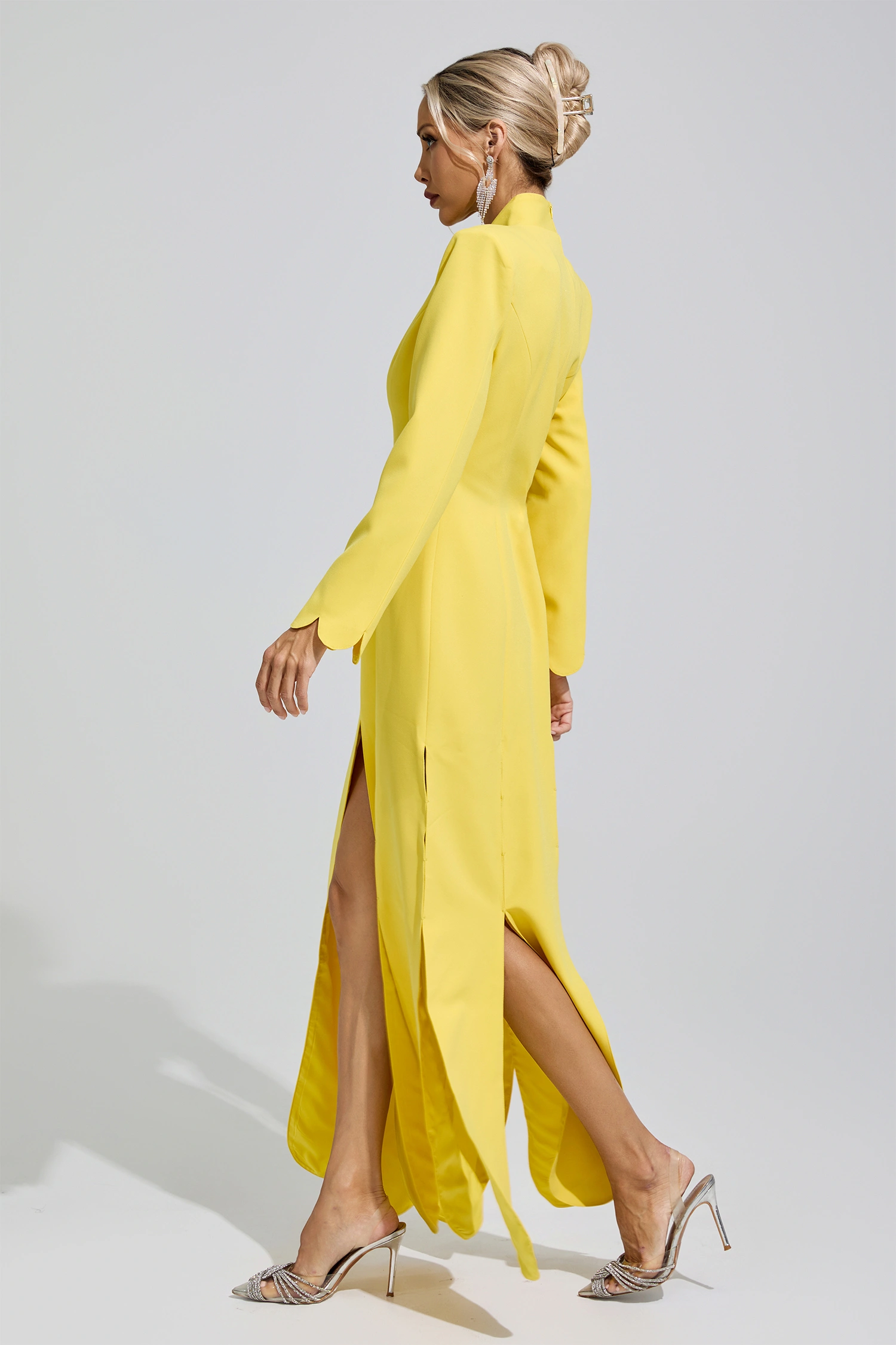 Charlotte Yellow V-Neck High Slit Evening Dress