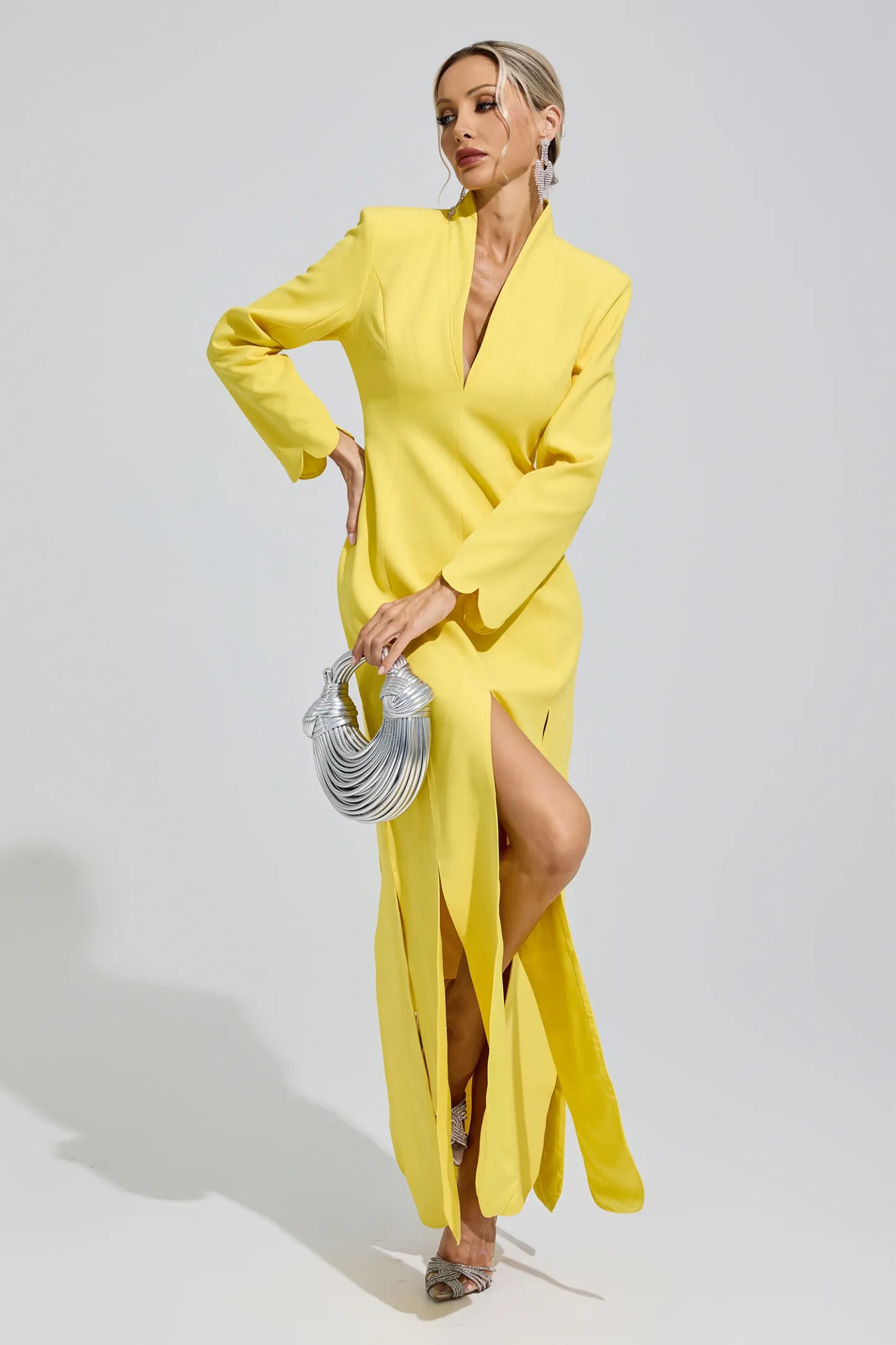 Charlotte Yellow V-Neck High Slit Evening Dress