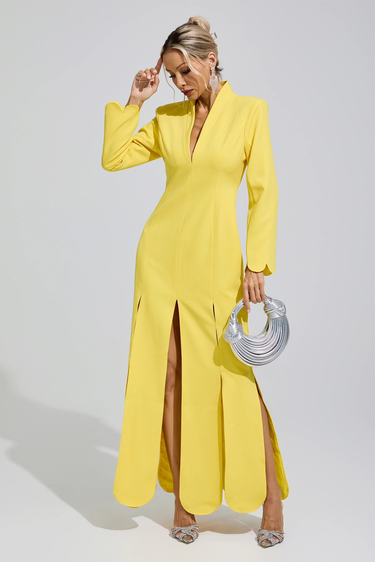Charlotte Yellow V-Neck High Slit Evening Dress