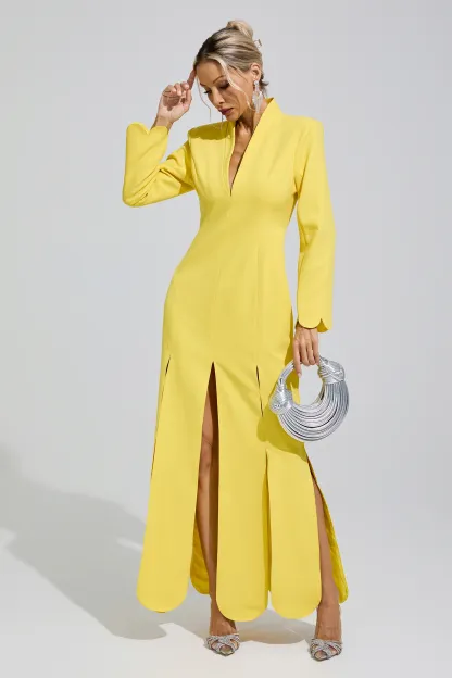 Charlotte Yellow V-Neck High Slit Evening Dress