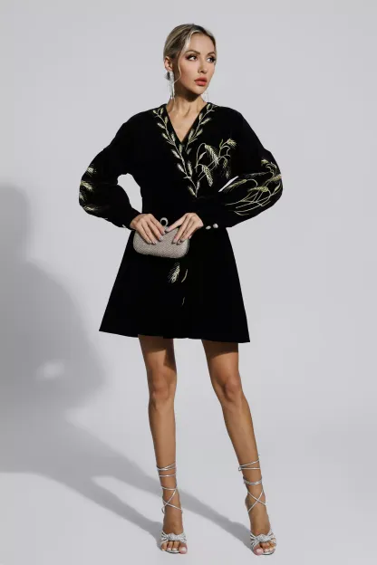 Lloyd Black Wheat Embroidery Mini Dress