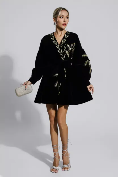 Lloyd Black Wheat Embroidery Mini Dress