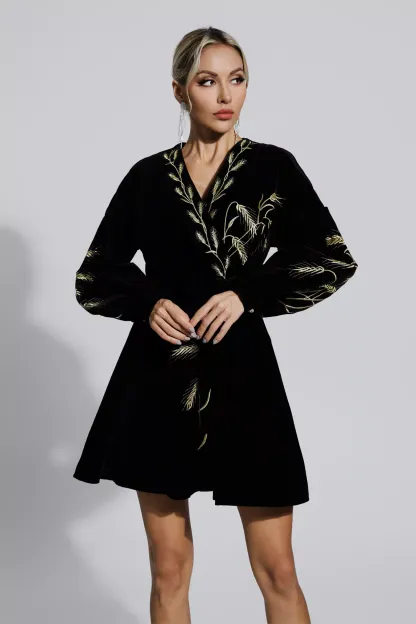 Lloyd Black Wheat Embroidery Mini Dress