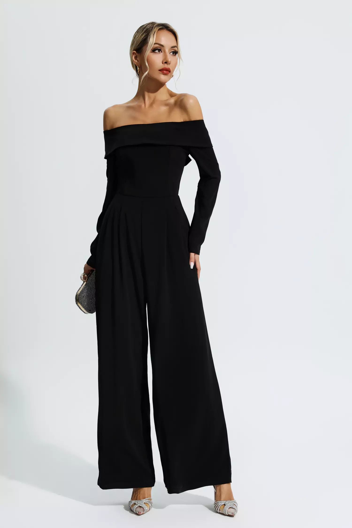 Aries Black Off Shoulder Drape Jumpsuit