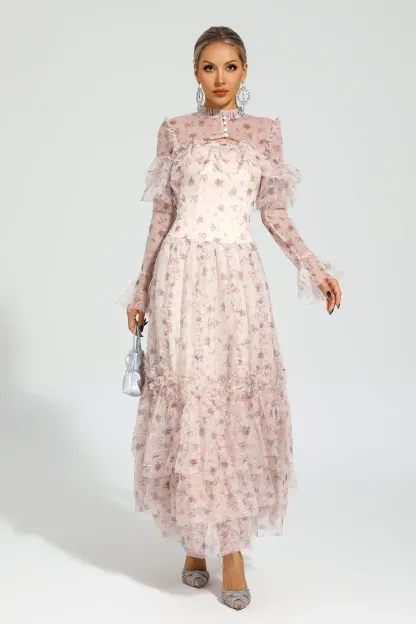 Broad Pink Mesh Floral Dress