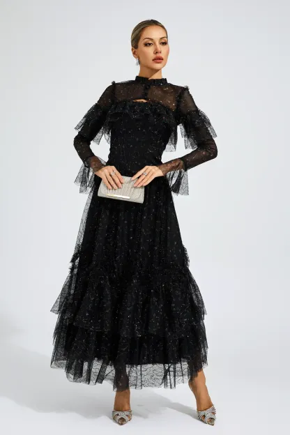 Broad Black Mesh Floral Dress