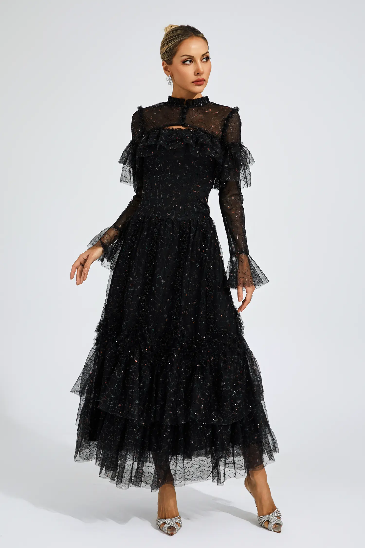 Broad Black Mesh Floral Dress