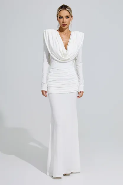 Barbara White Draped Evening Dress
