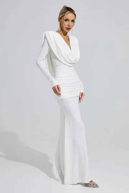 Barbara White Draped Evening Dress