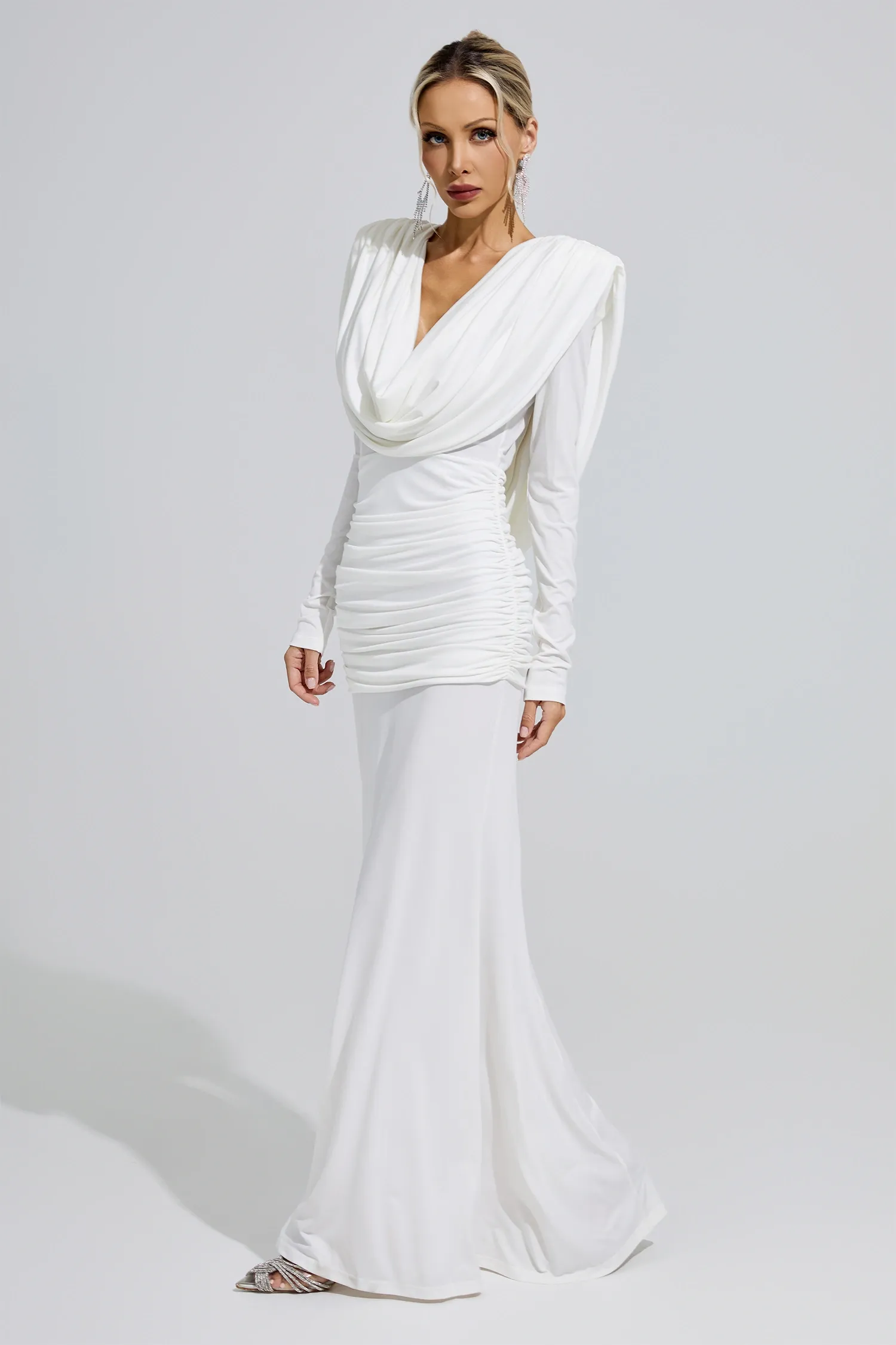 Barbara White Draped Evening Dress