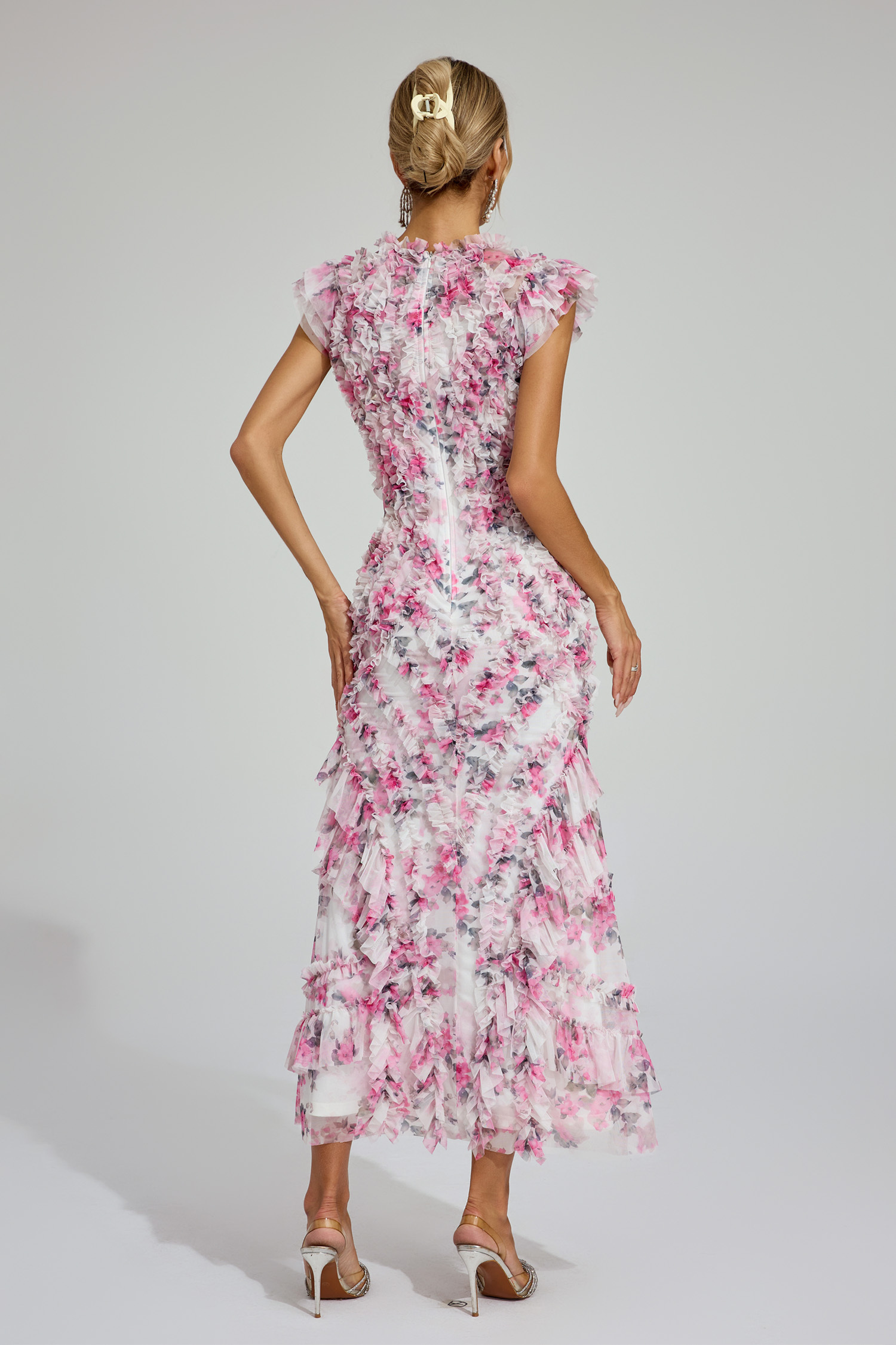 Roderick Pink Mesh Floral Ruched Dress