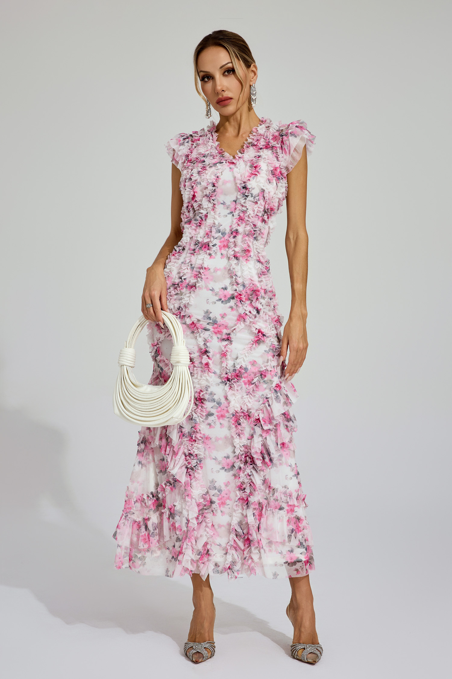 Roderick Pink Mesh Floral Ruched Dress