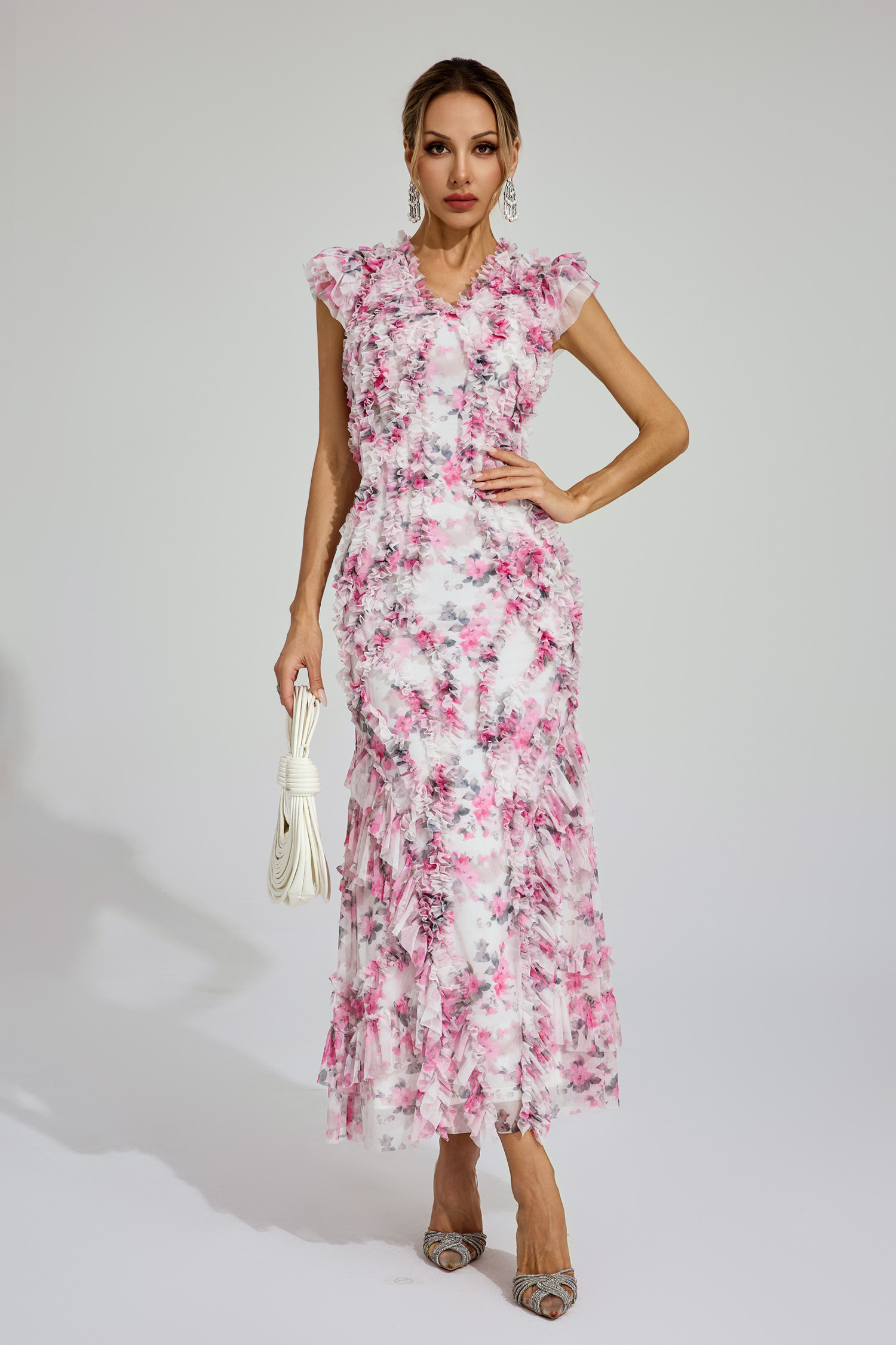 Roderick Pink Mesh Floral Ruched Dress