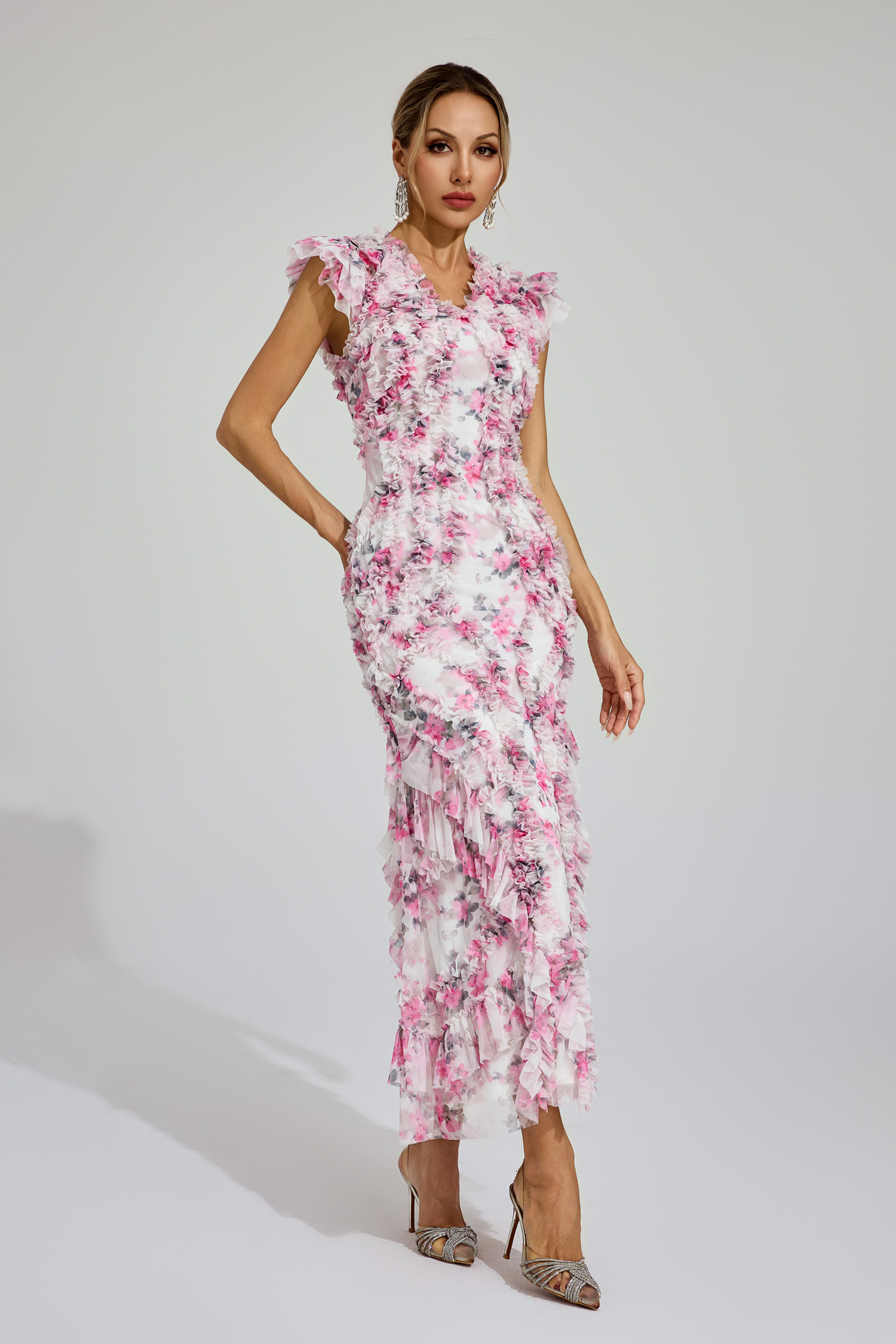 Roderick Pink Mesh Floral Ruched Dress