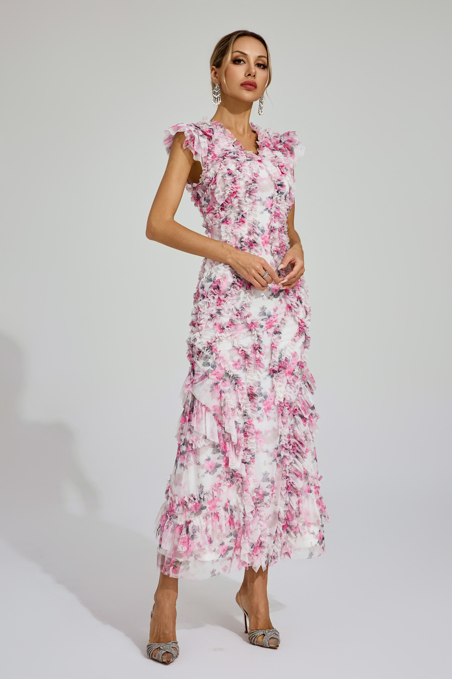 Roderick Pink Mesh Floral Ruched Dress